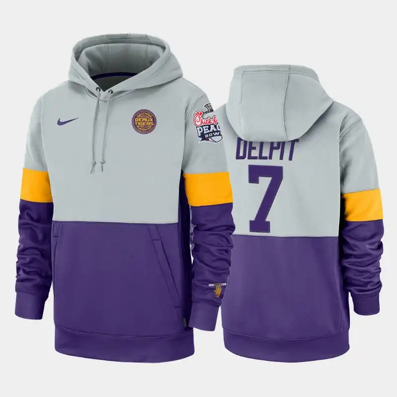 Men's LSU Tigers Grant Delpit #7 Purple Gray Rivalry Therma Performance 2019-20 Peach Bowl Champions NCAA Football Hoodie